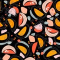 Melon or pumpkin slice seamless pattern on black background